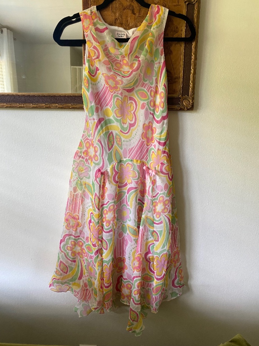 Vintage y2k Floral Multicolor Drop Waist Swirl Bow Coquette Fairy Dress Size 14